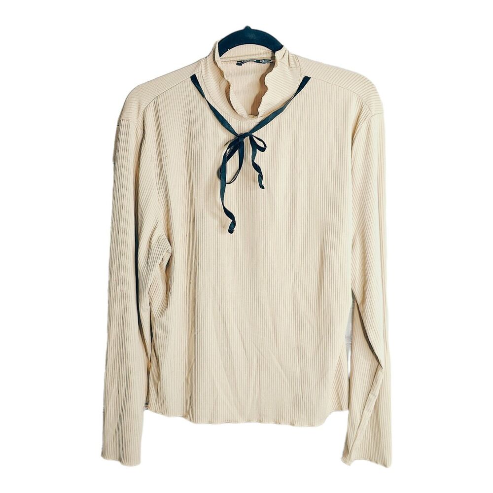 Shein Women's Plus Size 2X Cream Mock Turtleneck Top‎ w/ Black Bow Neck Tie